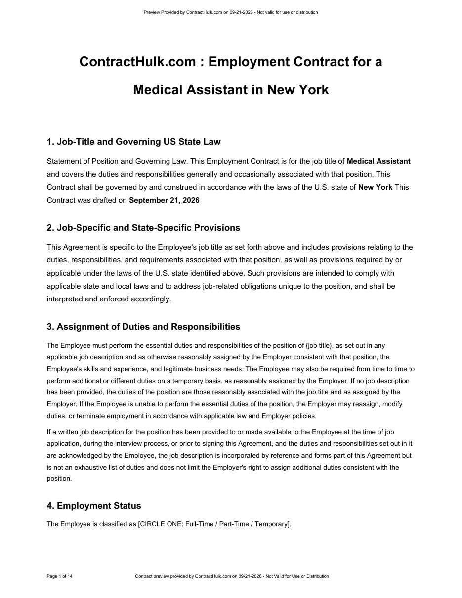 Page 1 of a sample medical assistant employment contract template from ContractHulk, New York